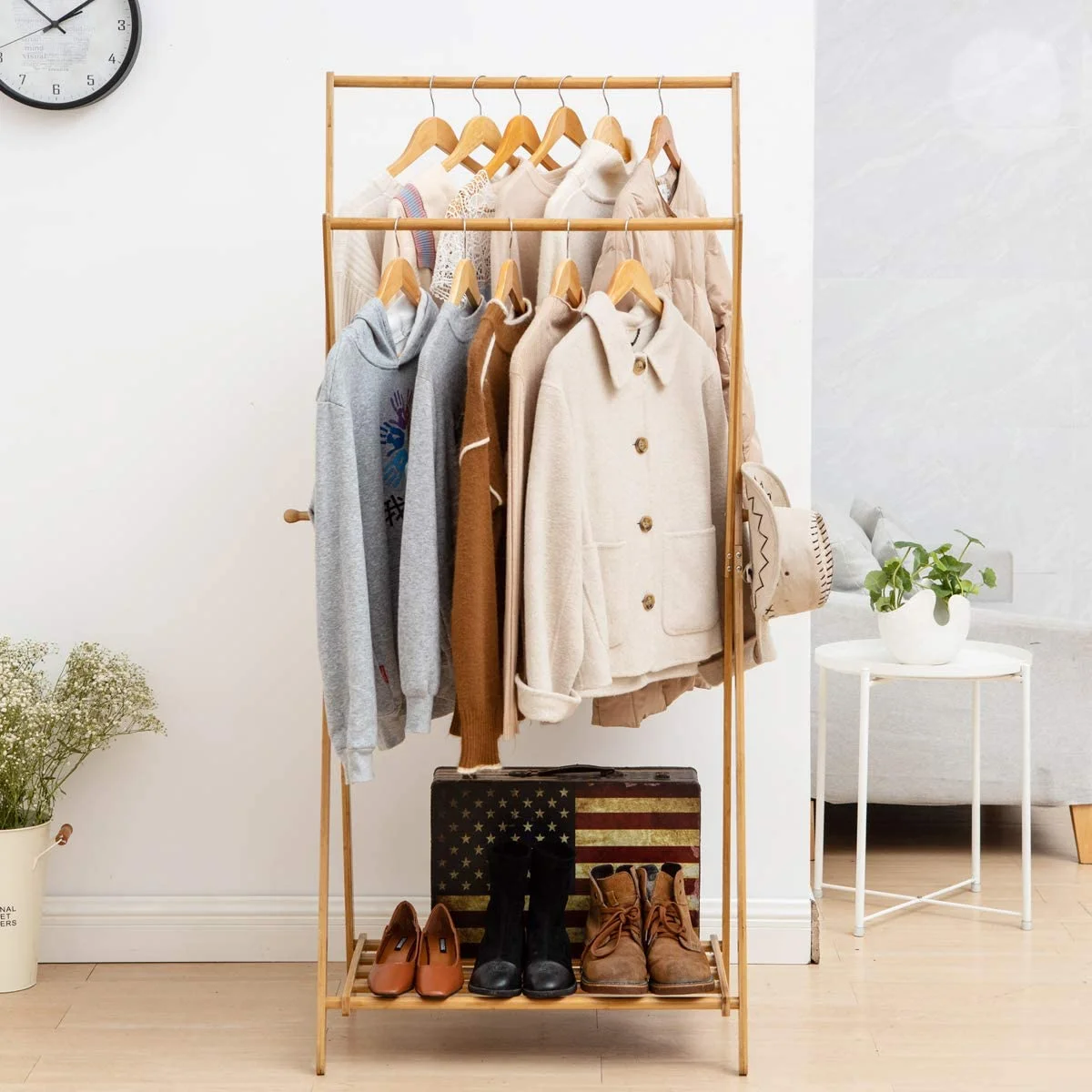 Bamboo Standing Hanger Organizer Coat Rack With Shelves Freestanding