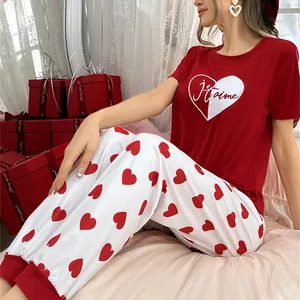 Ladies' Summer Satin Home Suit Set Casual Comfortable Elastic Waist T-Shirt Pants Breathable Feature Solid Pattern Front Logo