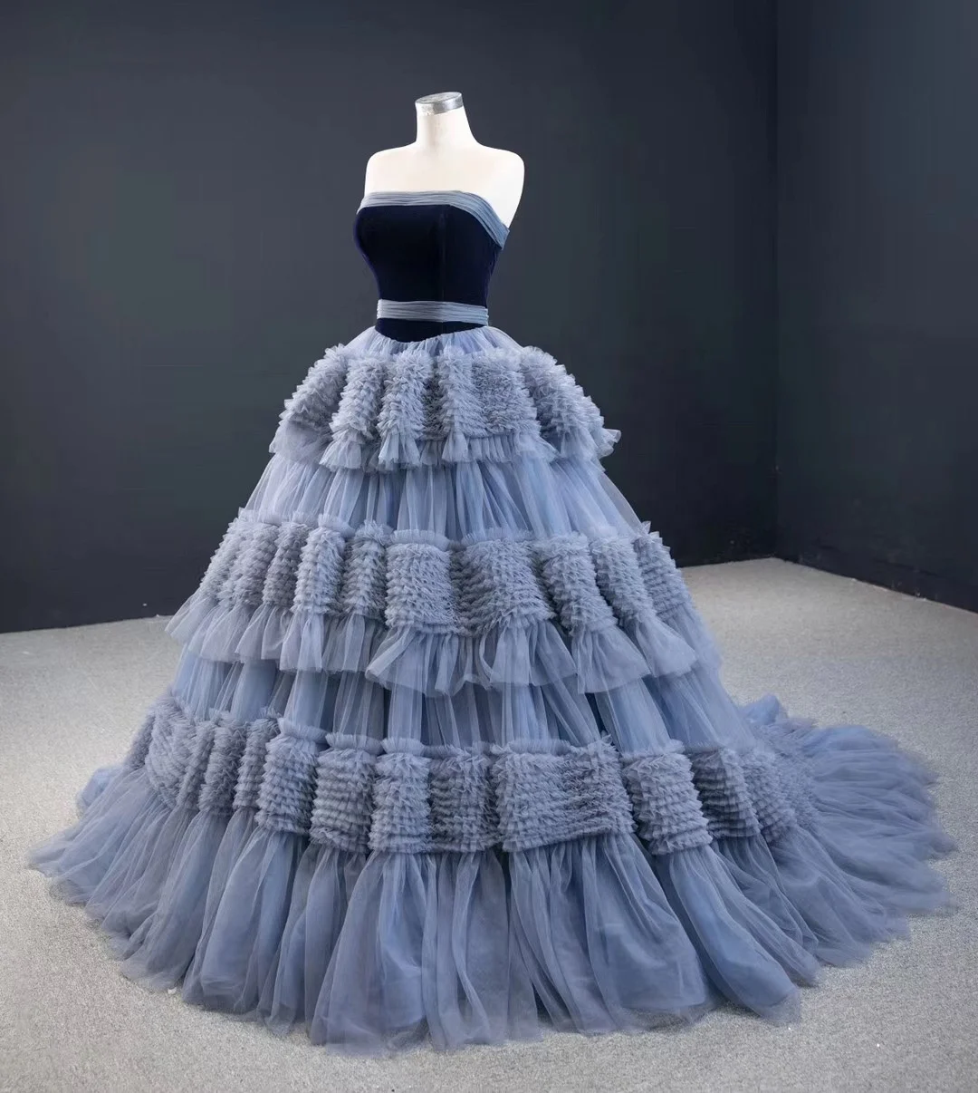 Strapless Blue Layered Puffy Princess Tulle Lace up Ready to Ship Party  Prom Dress