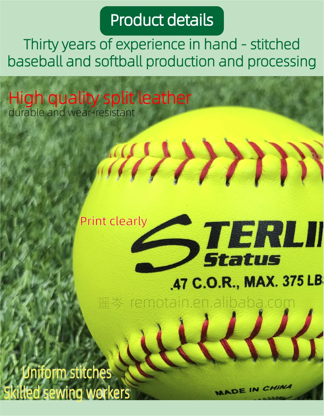 Custom Logo Professional Softball 12 Inch Pu&cork Core Yellow Split