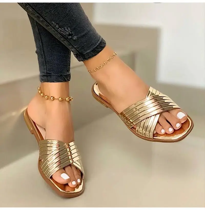 Gold And Black Women Flat Cross Slipper Sandals - Buy Slippers ,Slippers,Slippers For Women Product on Alibaba.com