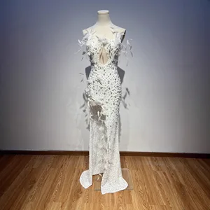High-Quality Foreign Trade Women's Fashion Strapless Sequin Pearl Dress Feather Slit Long Evening Gown
