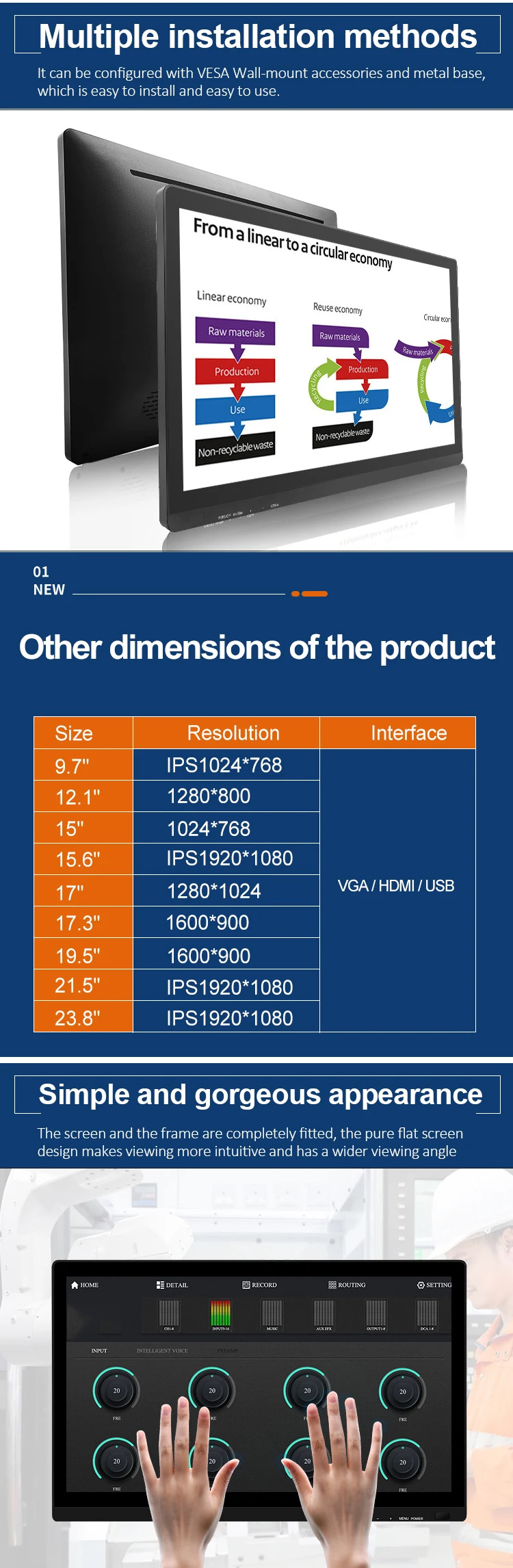 IP65 Industrial Display 21.5 Inch Black Waterproof LED Wall Mount TFT Touchscreen/New Industrial Grade LCD Monitor