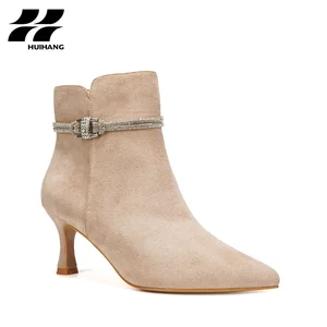 Women's Winter Suede Stiletto Ankle Boots Rhinestone Buckle Strap Trendy Pointed Toe Evening Party Footwear Zip Closure PU