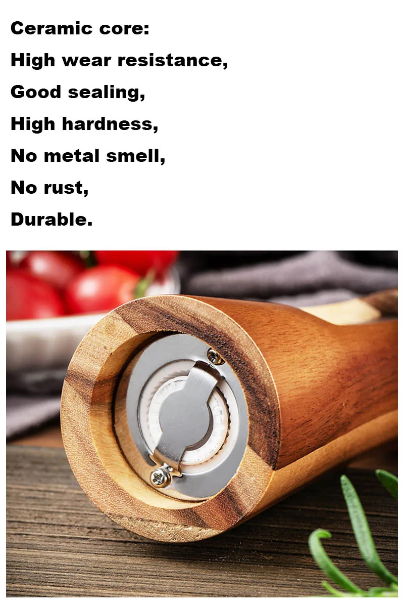 Adjustable Wooden Spice Herb Mill with Acrylic Visible Window Seasoning Grinding Manual Ceramic Salt Pepper Mills