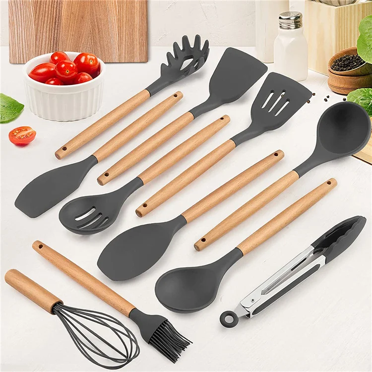  K & G Silicone Cooking Utensils Set 11 pcs red kitchen utensils  set with holder, spatula, whisk, tongs, soup ladle, silicone spoon & more.  Non-stick, dishwasher safe, odorless, cookware set friendly 