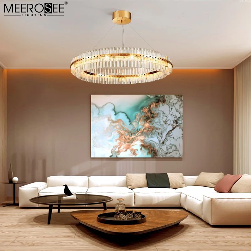 MEEROSEE Crystal Round Pendant Light Iron Frame Glass Light LED Circle Suspension Light MD86701