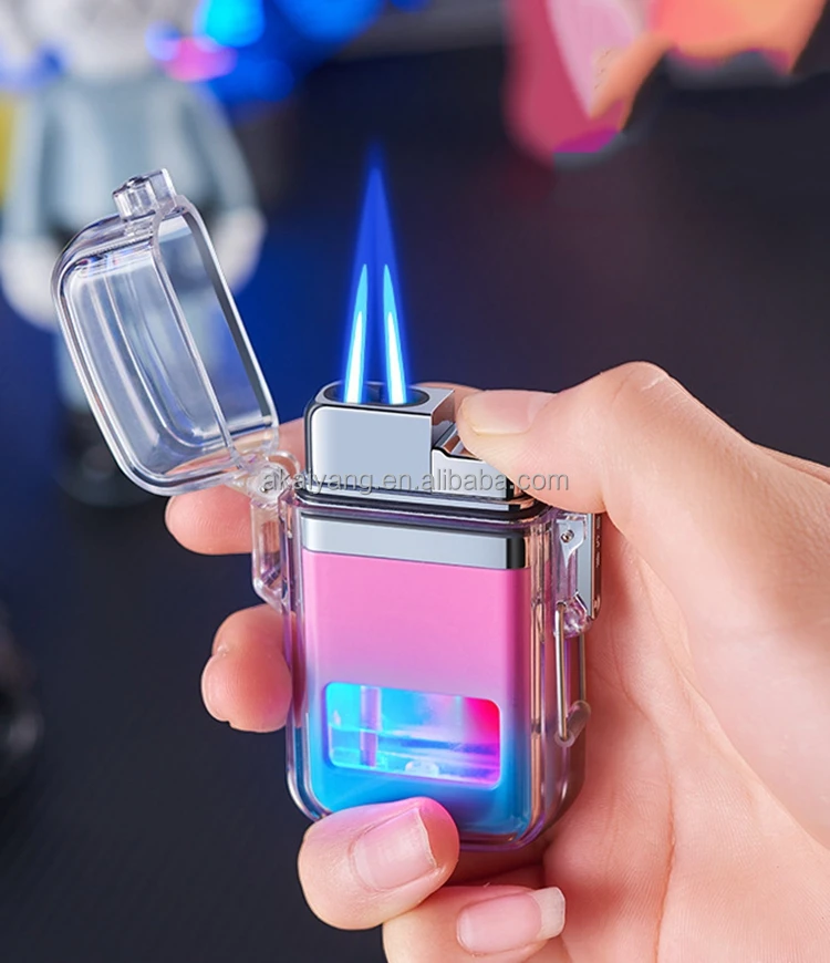 Morden Portable Gas Lighters Transparent Shell Outdoor Windproof Double Direct Torch Gas
