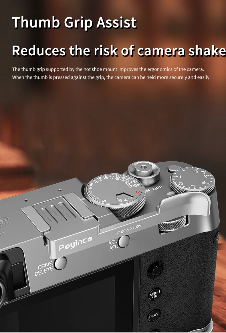 Thumb Hot Shoe Thumb Grip for Fuji for Fujifilm XE4 XE3 X100V X100VI X100F Mirrorless Camera Black and Silver details