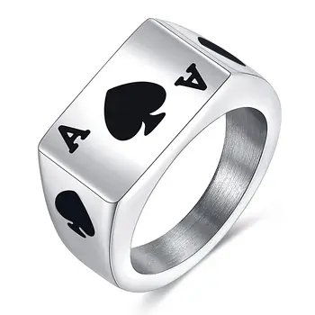 Amazon Hot-sale Poker Rings Mens Womens Polished Stainless Steel Biker Rings Poker Spade Ace Silver Black Ring