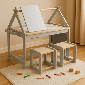 Eduland Montessori Furniture Educational Table Toys Sensory Activity Table Set for Kids Multifunction Wooden Art 2 Stools Sand