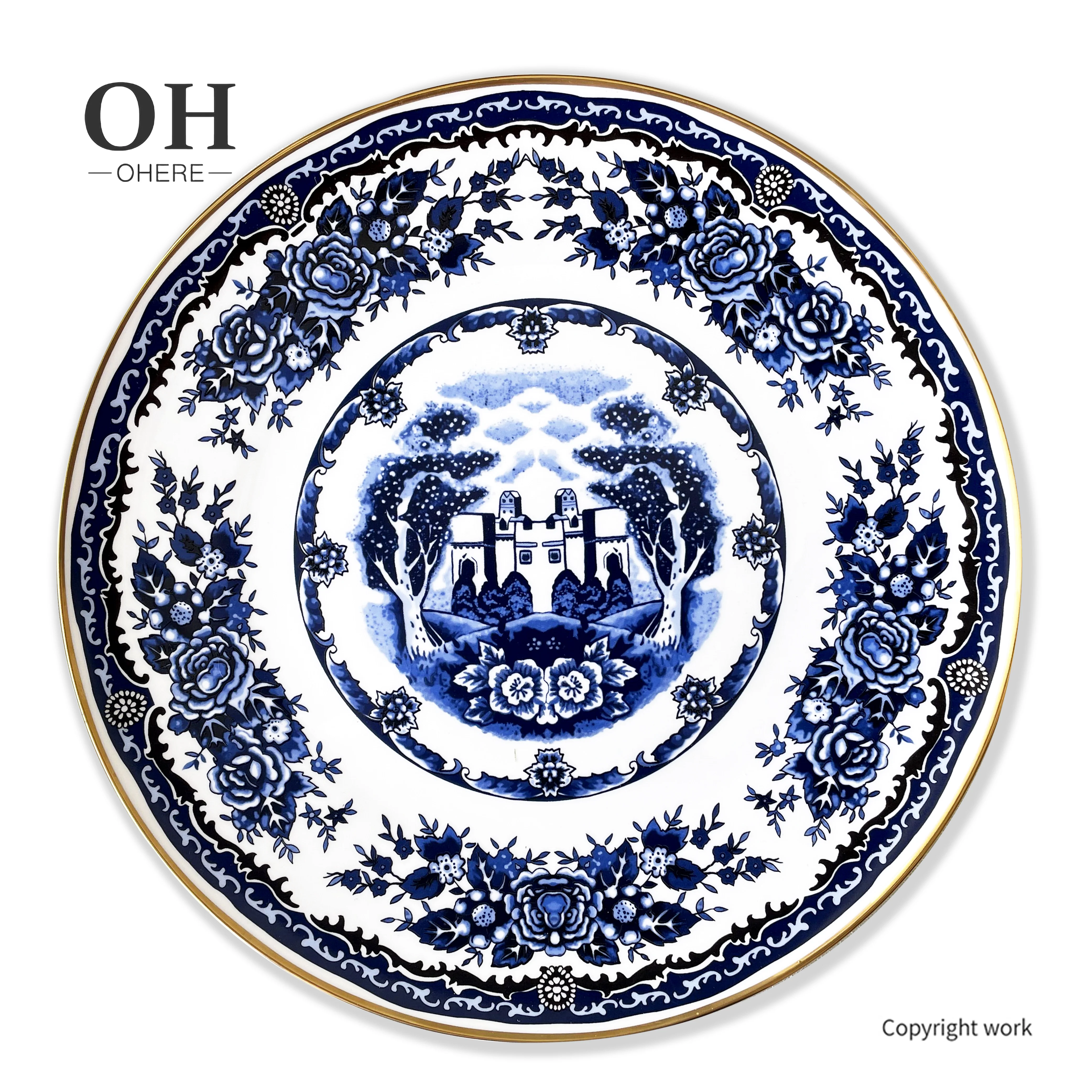 Decorative Nordic Bone China Charger Plate Flower and Animal Dinnerware Set Ceramic Dinner Plate Dishes with Gold Rim