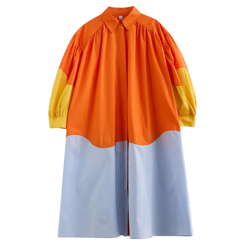 New Fall Autumn Winter Patchwork Color Blocking Colorful Dresses Women  Casual Fashion Long Loose Blouse Shirt Dresses