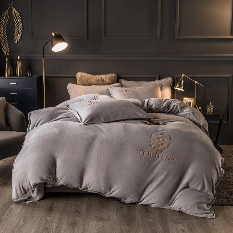Bedding Sets Customized Solid Milk Velvet Embroidery Bonded Four Piece