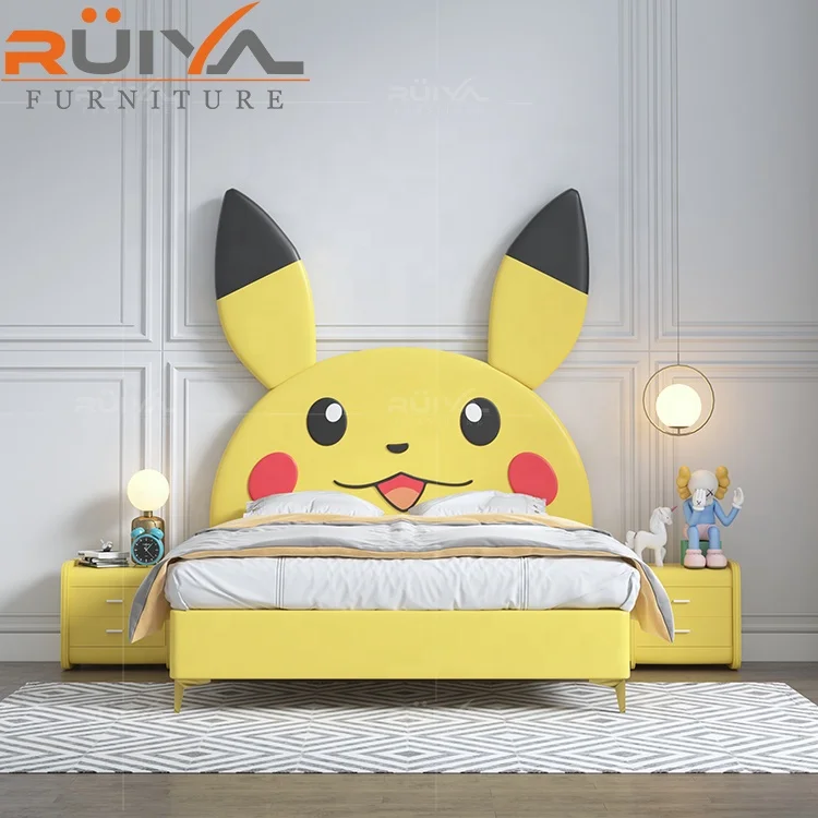 高級ベッドルーム家具ベッドかわいいピカチュウ漫画レザーキッズダブル