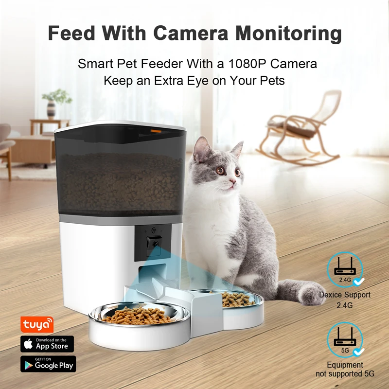 6l Double Bowl 5g Wifi Pet Feeder Camera Cat Dog Tuya App Control Smart