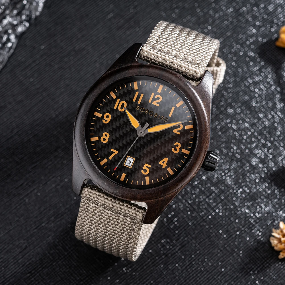 quickshipment High Quality Japanese Quartz Movement Carbon Fiber Pattern Dial Multicolor Optional Nylon Strap Quartz Wood Watch