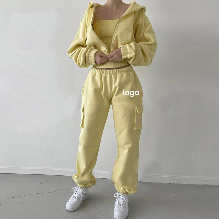 L230716 Custom Embroidery Oversized Zip up Crop Top Hoodie and Jogger Set Two Pieces Hip Hop Women Tracksuit Jacket Hoodie Set