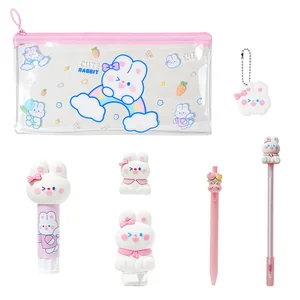 7 Sets of Cute Pencil case Stationery+solid Glue+pencil Sharpener+2 Ballpoint Pens with Correction Straps