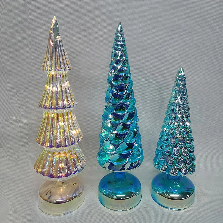 Vintage modern tabletop pre lit led lighted up mini green hand blown glass christmas tree decorative figurine set with lights supplier