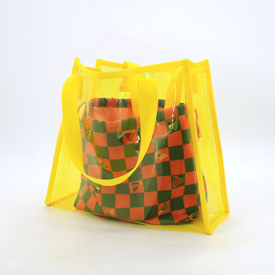 Dame daglig bruk ny mode daglig bærekraftig vannbestandig håndveske holdbar klar PVC-totepose med nylon snørepose