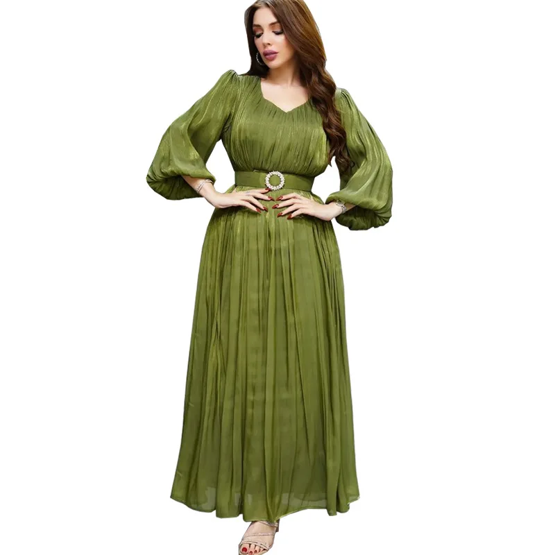 X30725 Shiny Silk Satin Dress With Metal Belt Dubai Trendy Long Sleeve Maxi  Party Dress for Muslim Women