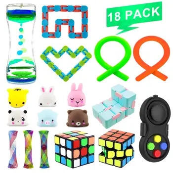 18 pack sensory fidget toys set with magic cube, mochi squishes
