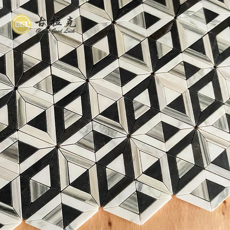 Custom Black with White Polished Surface Tile Triangle Shape Marble Tile Wall Mosaic for Decoration factory