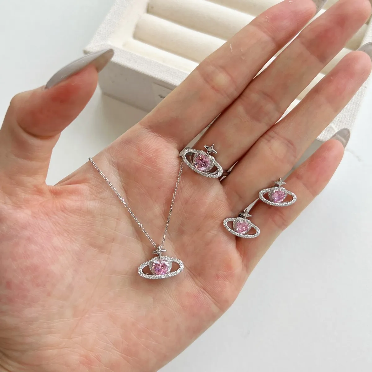 KAKODIY Shiny Fashion Purple Czirconium Cubic Zirconia Planet Ring 925 Sterling Silver Pink Heart Shape Ring Women's Jewelry Set detail 4