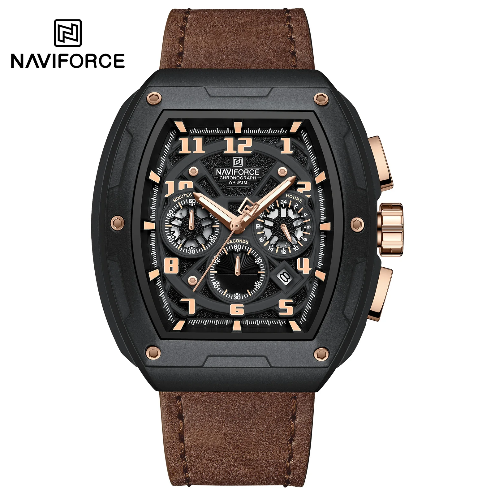 NAVIFORCE 8053 Relógio Masculina Moda Couro Banda Quartz Relógio de Pulso Cronógrafo À Prova D' Água Relógio Luminoso Relogio masculino