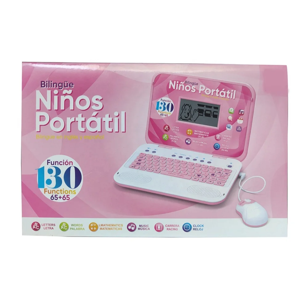 130 Functions Children English / Spanish Learning Machine Toy Educational Bilingual Language Learning Laptop Computer With Mouse