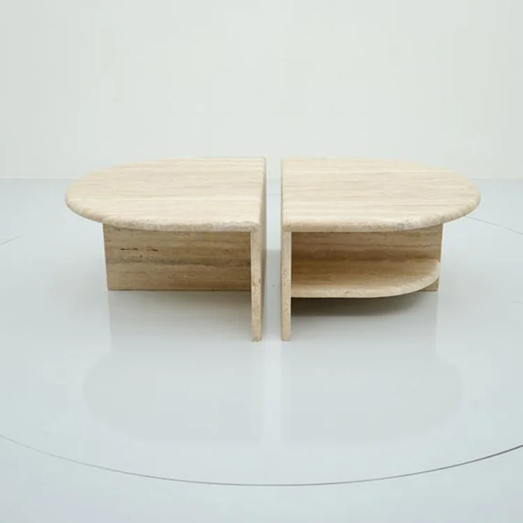 Set of Two Coffee Side Tables for Living Room  Beige Travertine Two Layers Twin Modern Coffee Table With Storage