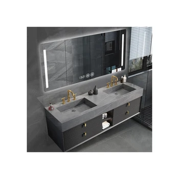 Modern Smart Slate Countertop Double Basin Sink Aluminium Floating Vanity Bathroom Marble for Hotel
