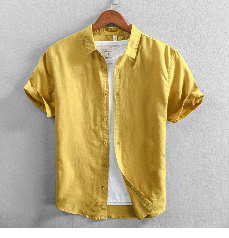 Men's casual cotton and linen short sleeve shirt for men in summer