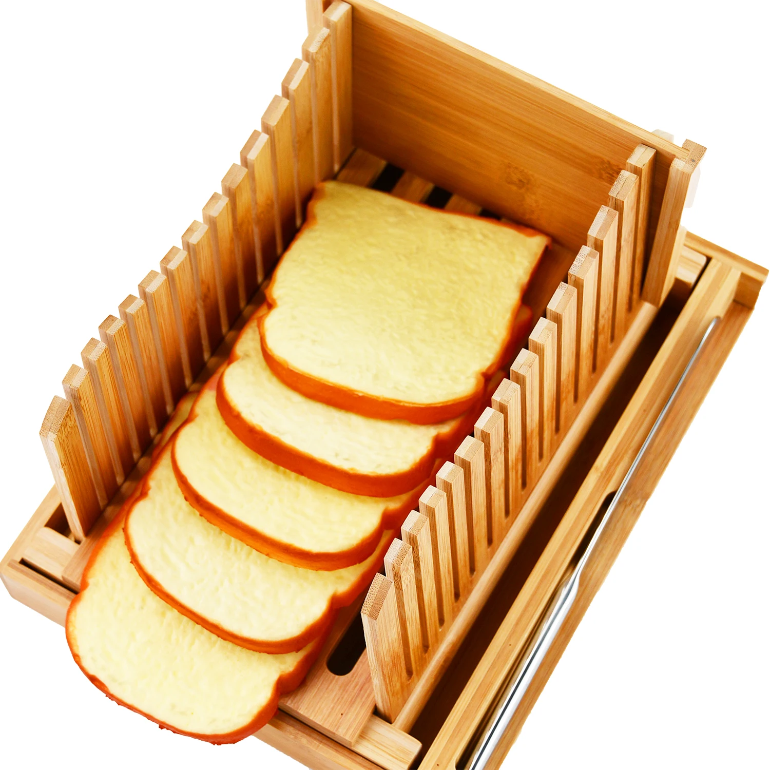 Adjustable Thickness Kitchen Bamboo Bread Slicer Cutting Guide With Knife & Serving Tray For