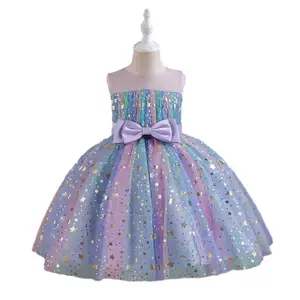 Customized Sweet Evening Dress Gold Foil Printed Lace Fabric Girls Dress for 2-14T Children