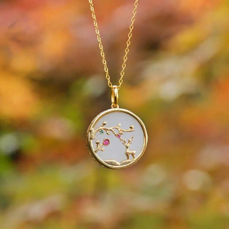 Gold Plated Natural Hetian Jade Inset Zircon Clavicle Chain Design