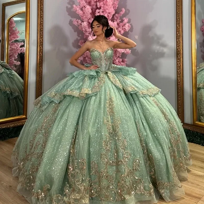 Sage Green Quinceañera Dress with Beading Train, OEM
