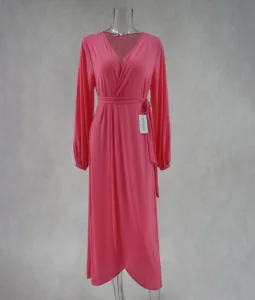 Hot Sale XXTAXN Beachwear Long Sleeve v Neck Waist Hugging Long Casual Dress