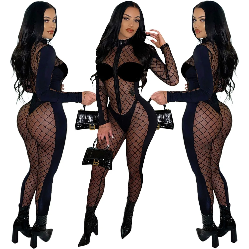 2022 Sexy Black Lace Jumpsuit For Women Long Sleeve See Through