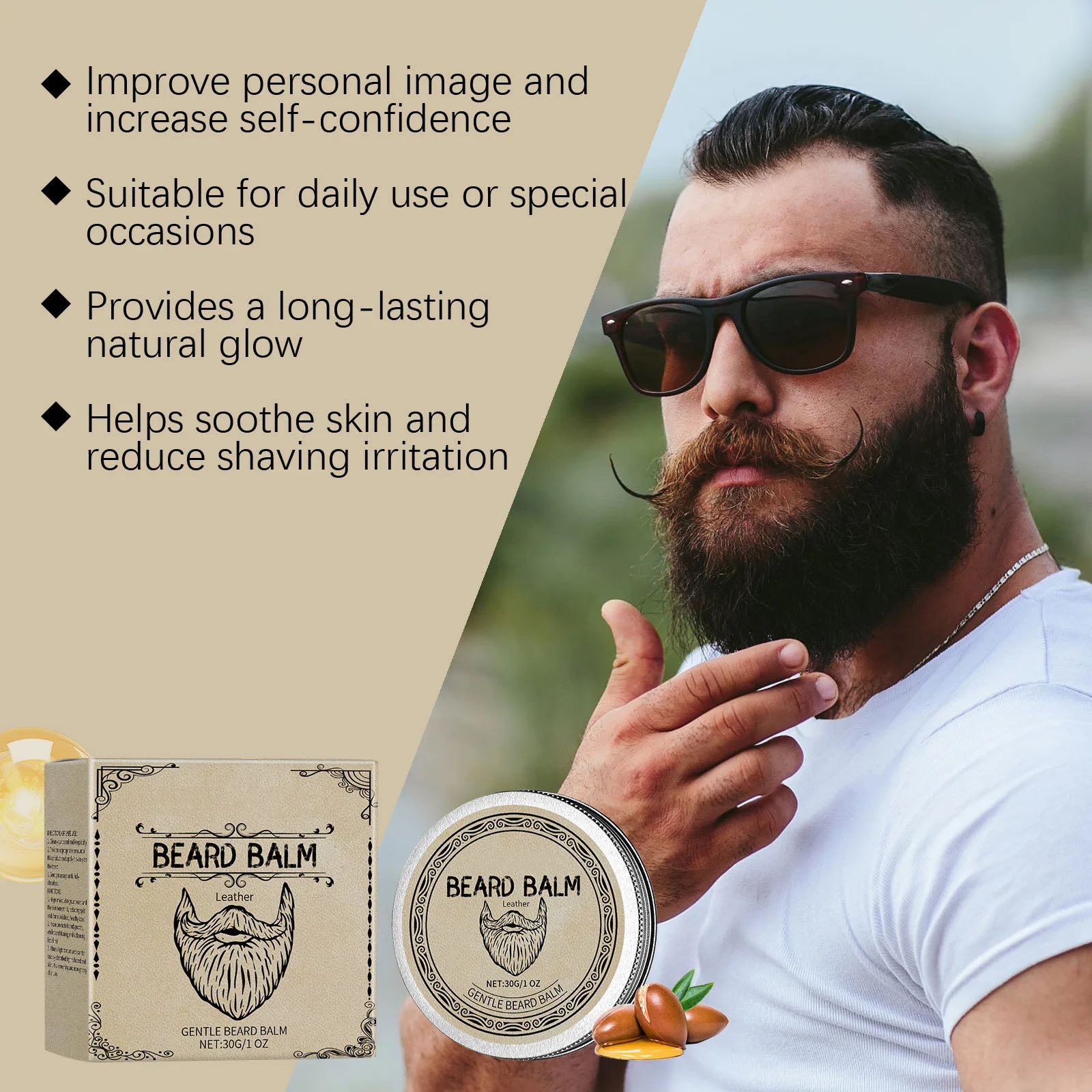 Private Label All Natural Ingredients Moisturizing Strong Hold Beard Balm Cream Hair Moustache Wax for Men