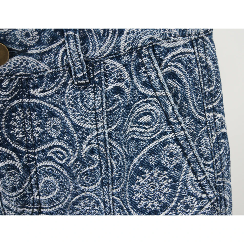 High Waist Washed Wide Leg Denim Jeans Straight Fit Paisley Embroidery Design Jeans