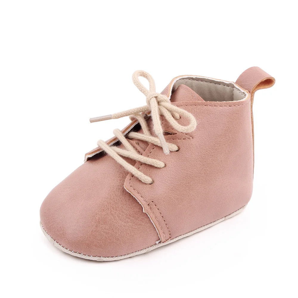 Spring and Autumn Baby Girls PU Leather British Style Front Lace-up Solid Color Infants Walking Shoes factory