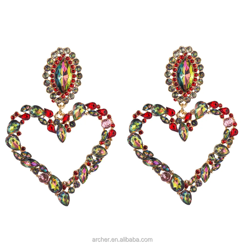 archer 2023  wholesale fashion heart-shaped alloy earring inset color vintage  Rhinestone earrings elegant exaggerated earring