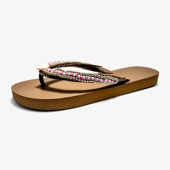beaded sandal beads women flip flop thong sandal with handmade hand-stiched beads flip flop with decorated upper brown color