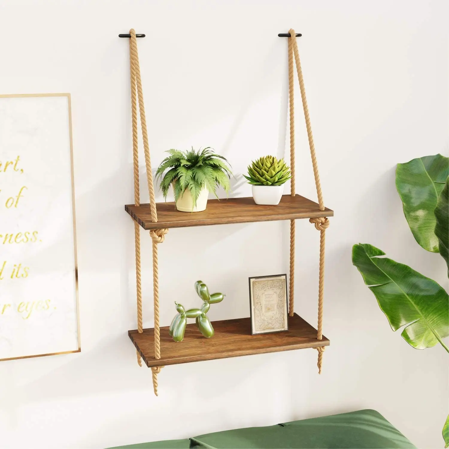 Rope Wall Mounted Floating Shelves Wood Swing Hanging Simple M3C9 