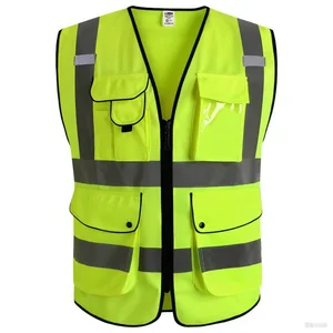 Polyester Multi-Pocket Zip Security Level D Protection High Visibility Reflective Safety Work Vest for Men/Women