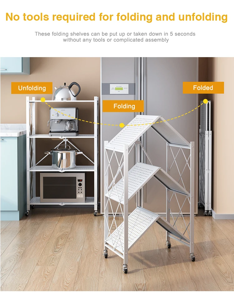 Origami 3 Shelf Foldable Storage Unit on 3 Caster Wheels Unfolds in