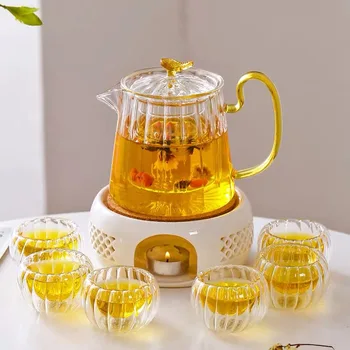 High borosilicate heat resistant glass flower teapot stripe multi purpose Coffee pot glass tea pot with tea warmer