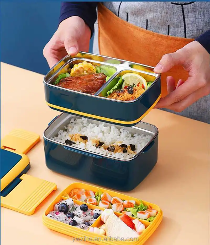 1pc 1500ml Large Capacity Blue Thermal Lunch Box With Three